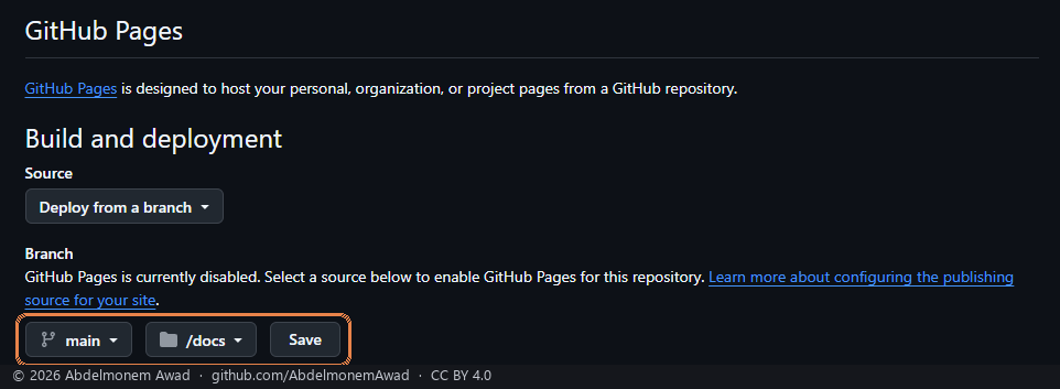 The fork's Pages settings: deploy from the branch main, the folder /docs, and Save framed